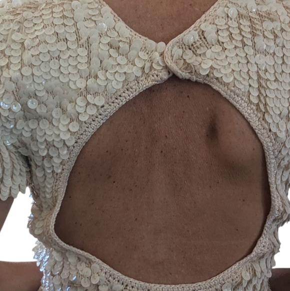 Vintage E. Haas & Co Sequin Wool Top Open Back Puff Sleeve Cream Rare Find Sze M - Picture 8 of 13